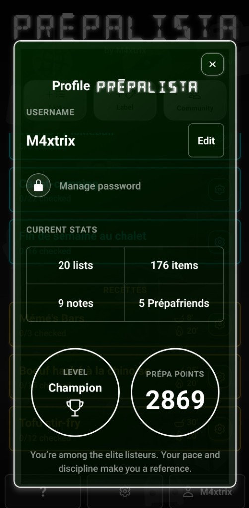 Profil de M4xtrix : 20 listes, niveau Champion et 28 699 points Prépa