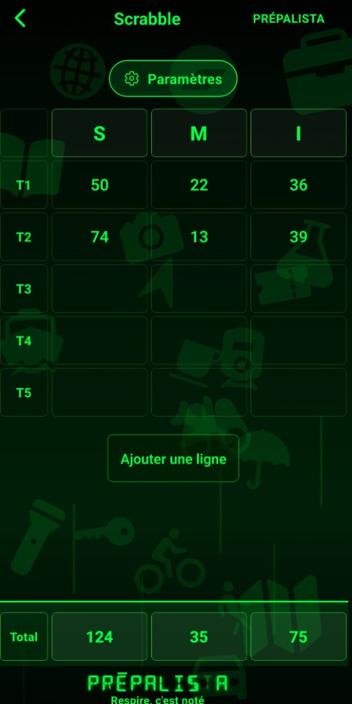 Feuille de score Scrabble à trois colonnes, avec tours et totaux